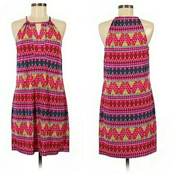 Laundry by Design Retro 70's Glam Bright Halter Keyhole Cutout Shift Dress Sz  M - Picture 1 of 10